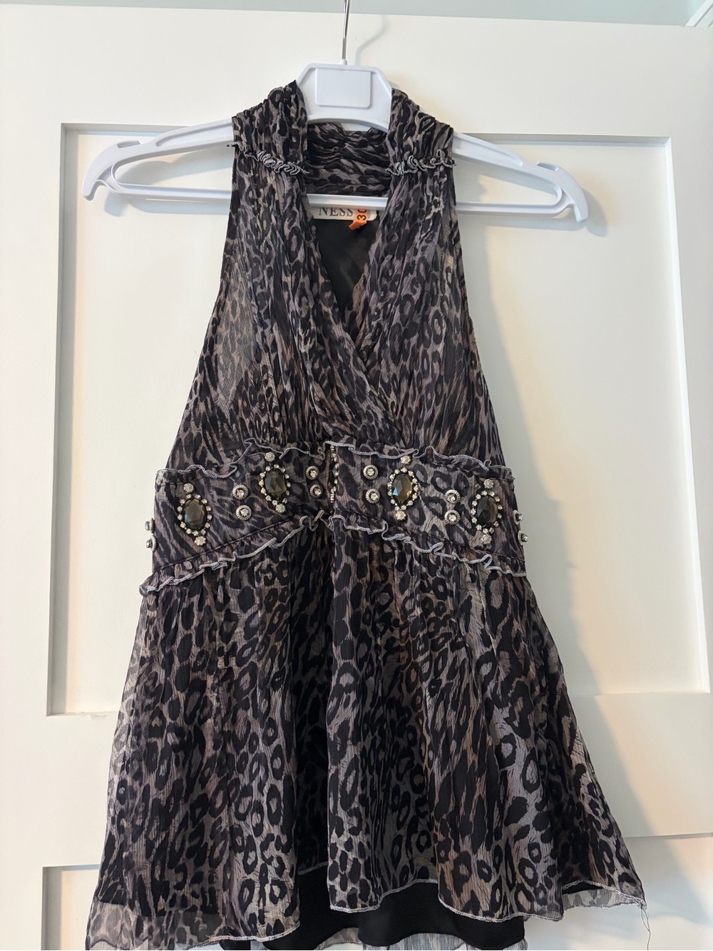Embellished Halter Leopard Print Camisole in Gray/Black